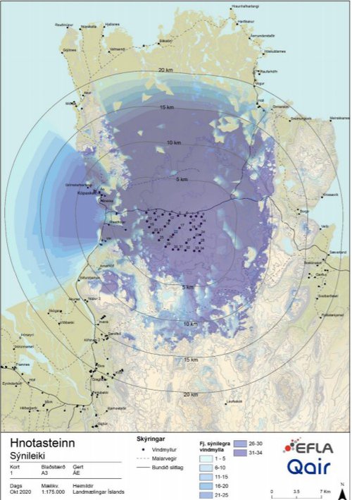 Sýnileiki vindorkuversins sem kennt er við Hnotastein. Myndin er úr tillögu að matsáætlun.