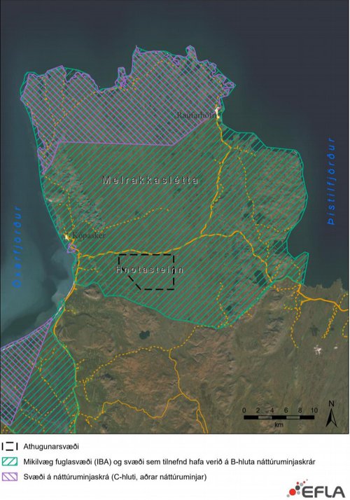 Á kortinu eru merkt inn svæði sem njóta sérstakrar verndar á Melrakkasléttu. Sléttan öll hefur einnig verið tilnefnd á náttúruminjaskrá, m.a. vegna fuglalífs. Mynd: Úr tillögu að matsáætlun