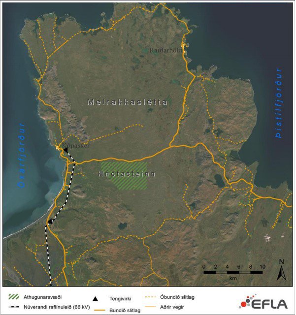 Hið áformaða virkjanasvæði er í grænum lit fyrir miðri mynd.