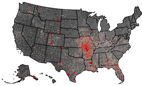 Hópsýkingar í Bandaríkjunum á tveggja vikna tímabili í júlí, framsettar í hlutfalli við íbúafjölda. Mynd: Time/John Hopkins