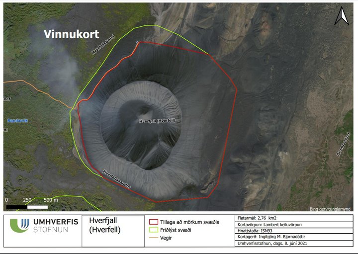 Kort sem fylgir tillögu að endurskoðaðri friðlýsingu Hverfjalls.