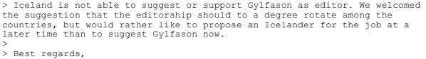 Úr tölvupósti starfsmanns íslenska ráðuneytisins til kollega í Finnlandi 7. nóvember.