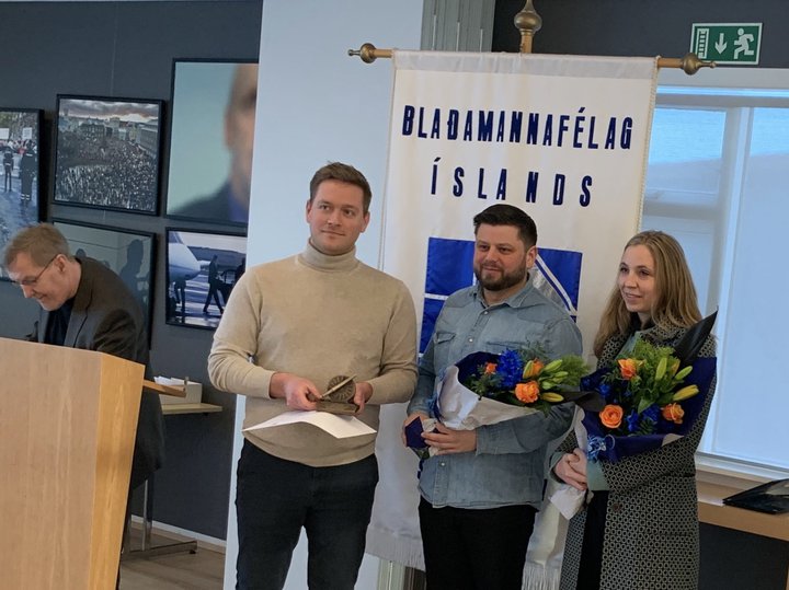 Aðalsteinn Kjartansson, Stefán Drengsson og Ingibjörg Dögg Kjartansdóttir, sem tók við verðlaunum fyrir hönd Inga Freys Vilhjálmssonar.