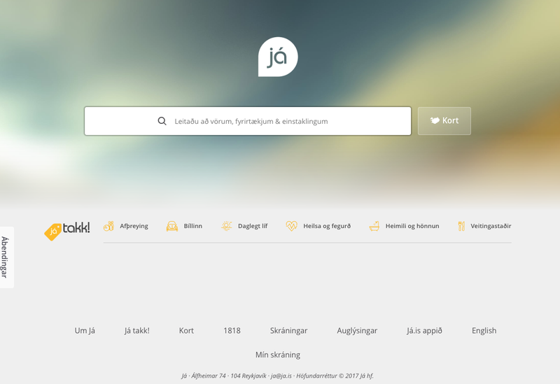 Forsíða Já.is þar sem leita má að símanúmerum, heimilisfangi og öðrum upplýsingum.