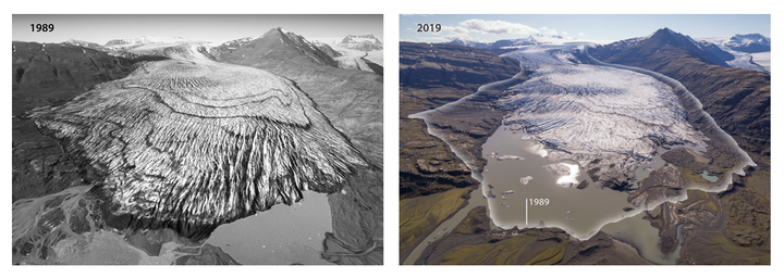 Flugsýn af tungu Skálafellsjökuls 1989 og 2019. Myndirnar byggja á ljósmyndum sem teknar voru úr flugvél 1989 og flygildi 2019 og landlíkönum sem reiknuð voru á grundvelli myndanna og sýna vel lækkun yfirborðs jökulsins á 30 ára tímabili.