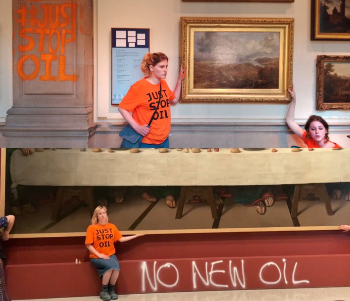 Aðgerðasinnar frá Just Stop Oil hafa meðal annars límt sig fasta við málverk víðs vegar um Bretland. Þessar myndir eru frá Royal Academy í London og Glasgow Art Gallery.