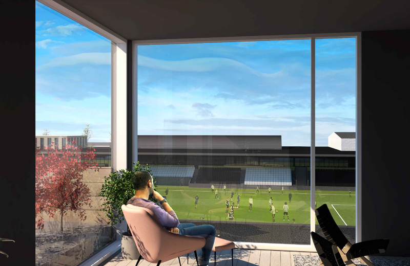 Útsýni sumra íbúa í grenndinni yfir KR-svæðið skerðist verði tillögur KR að uppbyggingu að veruleika. En útsýnið úr sumum nýjum íbúðum verður beint yfir knattspyrnuvöll félagsins. Mynd: Úr deiliskipulagstillögu.