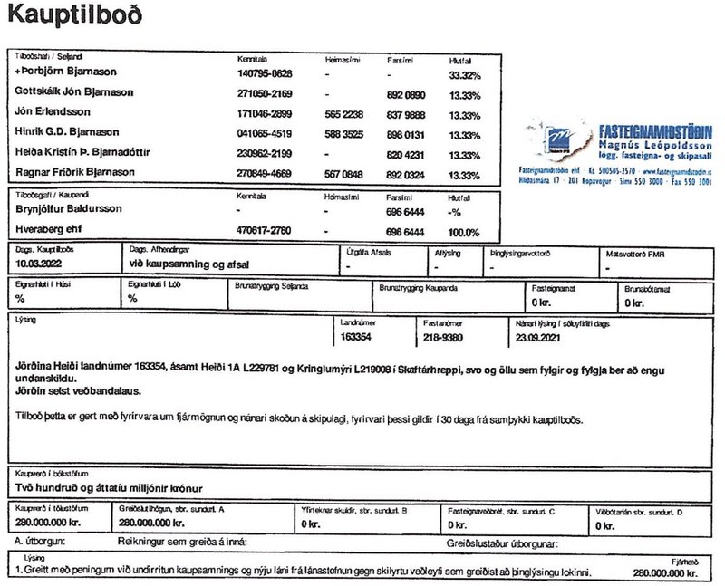 Kaupverðið er samkvæmt kauptilboðinu sem skrifað var undir í mars 280 milljónir króna.