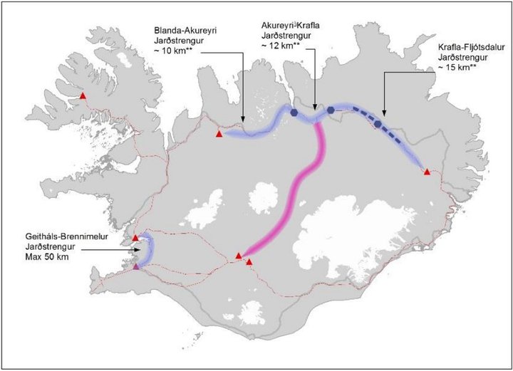 Myndin er fengin úr kerfisáætlun Landsnets 2016-2025. „DC-strengur á Sprengisandsleið hefur jákvæð áhrif á mögulega lengd jarðstrengja á Norðurlandi,“ segir í myndatexta.