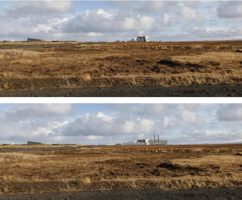 Efri myndin sýnir núverandi mannvirki og sú neðri á að sýna fullbyggða verksmiðju Stakksbergs. Skipulagsstofnun gagnrýnir myndirnar. Mynd: Úr matsskýrslu