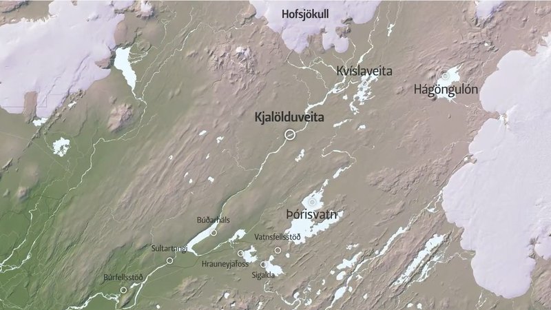 Kjalölduveita í Þjórsá er virkjanakostur sem svipar mjög til Norðlingaölduveitu og hefur til þessa verið í verndarflokki rammaáætlunar. Mynd: Skjáskot