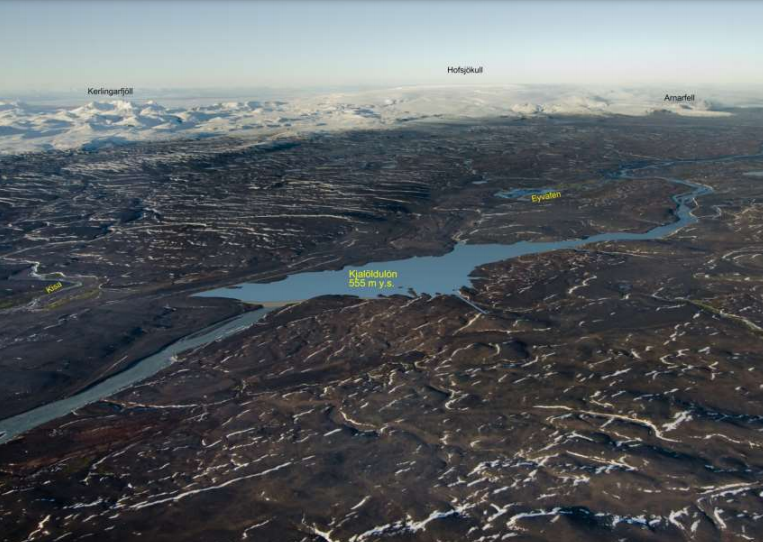 Tölvugerð mynd af Kjalölduveitu. Hofsjökull í baksýn. Skjáskot: Landsvirkjun