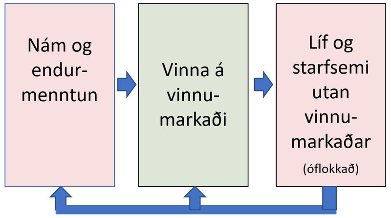 Mynd 1: Hringrás atvinnumarkaðarins: Almannatryggingar taki til fólks sem er í rauðu boxunum