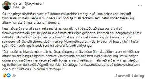Færsla Kjartans á Facebook. Mynd: Skjáskot