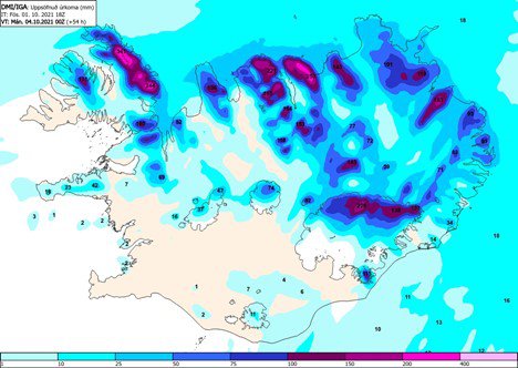 Uppsöfnuð úrkoma frá 1. október kl.18 (fös) til 3. október kl. 24 (sunnudagskvöld). Spákort DMI/IGB fengið frá Veðurstofunni.