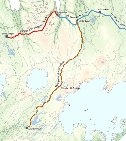 Skýringarkort SUNN af núverandi flutningskerfi á Norðurlandi og tillögu að tengingu við virkjanasvæðið á Suðurlandi, unnið upp úr kerfisáætlunum Landsnets og tillögu Landsnets að Blöndulínu 3 úr umhverfismatsskýrslu.Mynd: SUNN