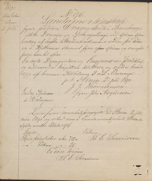 Landamerkjabréf Drangavíkur frá árinu 1890.