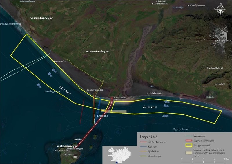 Fyrirhuguð efnisvinnslusvæði Heidelberg sitt hvoru megin við Landeyjahöfn. Mynd: Úr matsáætlun