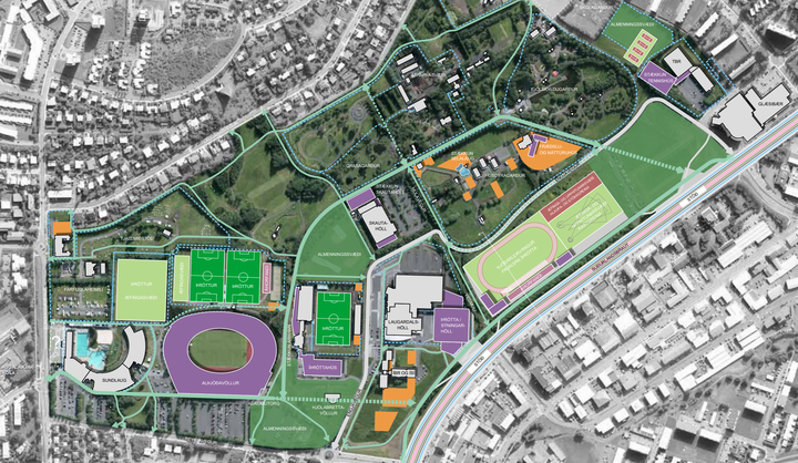 Yfirlitsmynd af Laugardalnum úr umfjöllun starfshópsins. Hér tákna fjólubláir reitir hugmyndir að húsum.