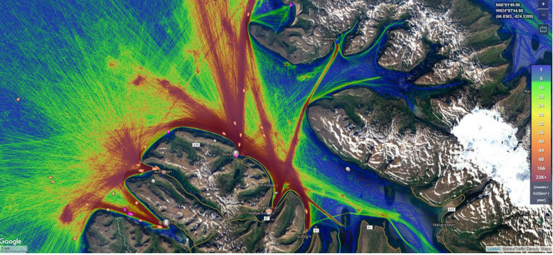 Siglingaleiðir í Ísafjarðardjúpi samkvæmt gagnagrunni Marine traffic.