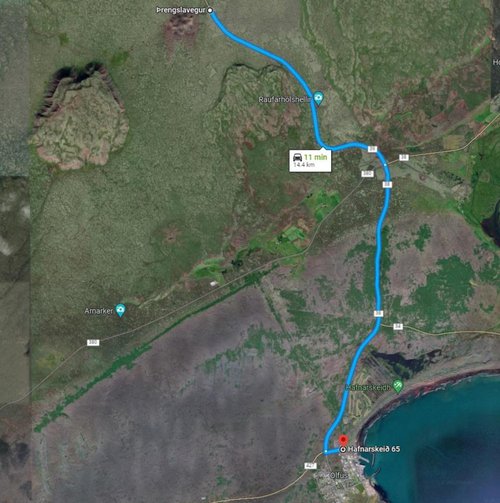 Flutningsleiðin frá Litla-Sandfelli til verksmiðjunnar í Þorlákshöfn er fjórtán kílómetrar. Mynd: Úr umhverfismatsskýrslu