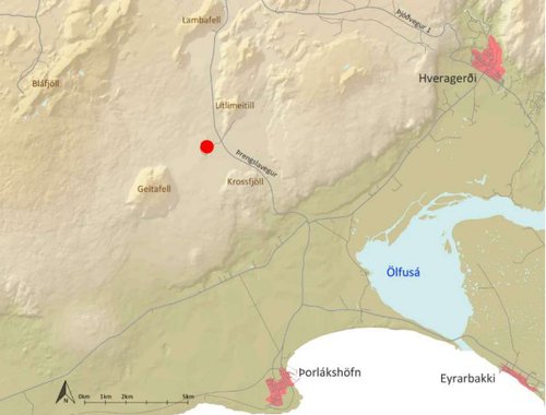 Litla-Sandfell er merkt með rauðum punkti fyrir miðju kortsins. Mynd: Úr matsáætlun Eden Mining