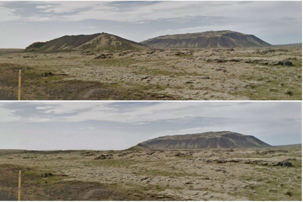 Samanburður á áhrifum námuvinnslunnar. Litla-Sandfell eins og það er í dag á efri myndinni en horfið á þeirri neðri. Mynd: Úr matsáætlun