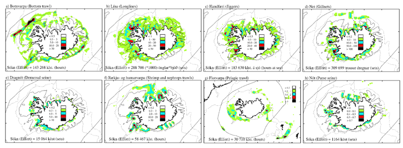 Sókn íslenskra fiskiskipa á Íslandsmiðum árið 2015 – flokkuð eftir veiðarfærum. Gult, grænt = dreifð sókn. Blátt = miðlungs sókn. Rautt = mikil sókn. Svart = mesta sókn. Frá vinstri til hægri, efri röð: Skip sem nota botnvörpu / línu / handfæri /net. Neðri röð: Skip sem nota dragnót / rækju og humarvörpur / flotvörpu / nót. MYNDIR: Hafró 2016 – Nytjastofnar sjávar 2015/2016 og aflahorfur fiskveiðiárið 2016/2017, bls. 24 – www.hafogvatn.is/static/research/files/fjolrit_185.pdf