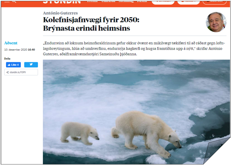 António Guterres: Kolefnisjafnvægi fyrir 2050: Brýnasta erindi heimsins. SKJÁSKOT: Stundin.is