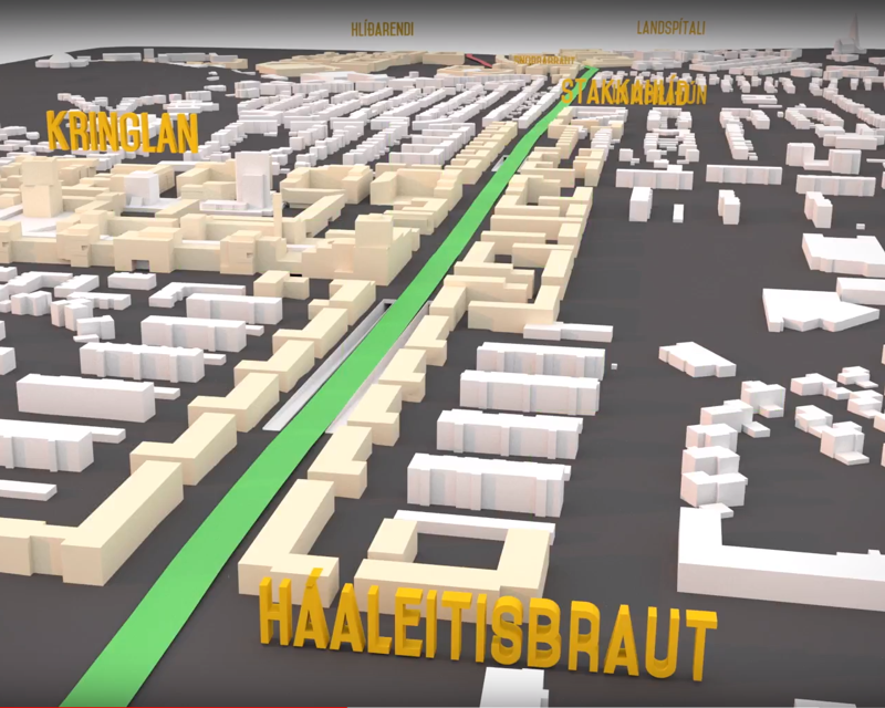 Skjáskot af kynningarmyndbandi. Græni dregillinn er til tákns um vistvæna borgargötu. Borgarlína mun taka til tveggja akreina af fjórum ofanjarðar – og er almennri umferð þó ætlaðar allt að sex akreinum næst Kringlumýrarbraut.