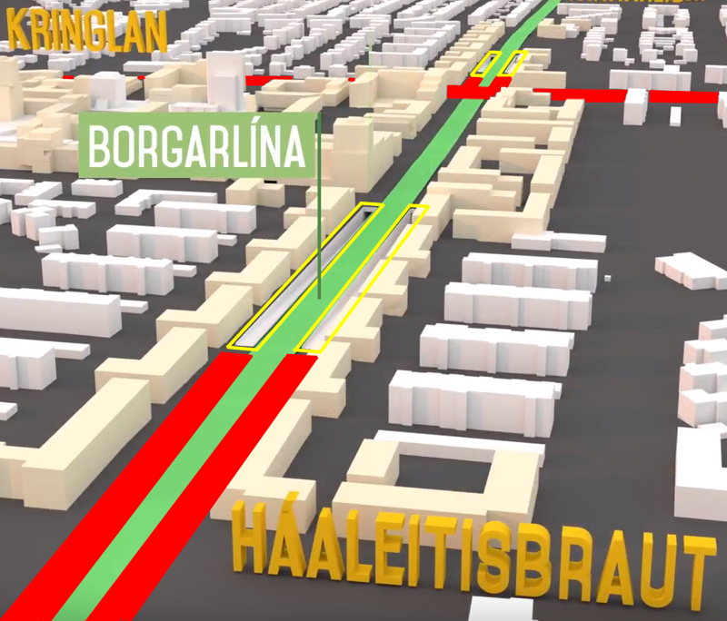 Skjáskot af kynningarmyndbandinu – með breyttum áherslum. Þegar nánar er að gáð mun vistvæna borgargatan Miklabraut verða margbrotin upp af djúpum stokkum og raunar af gríðarlegri umferð af völdum Kringlumýrarbrautar, einni umferðarþyngstu akbraut á landinu, sem mun liggja þvert á alla hugmyndina og útiloka alla góða möguleika á samfelldri tengingu hverfanna austan- og vestanmegin. Hér hefur skjáskotinu verið breytt m.a. með því að draga rauðar línur til tákns um mikinn umferðarþunga og gular til frekari auðkenningar á vegstokkum.