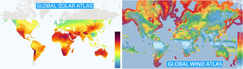 Sólríkustu svæði jarðar (t.v.) og hin vindasömustu (t.h.). Dökkrautt og rautt er til tákns um mestan orkuþéttleika sólskins og vinds – í ljósi langvarandi heiðríkju og sólarafls, annars vegar, og stöðugleika vinds og vindafls, hins vegar. SAMSETT MYND: globalsolaratlas.info/map og globalwindatlas.info