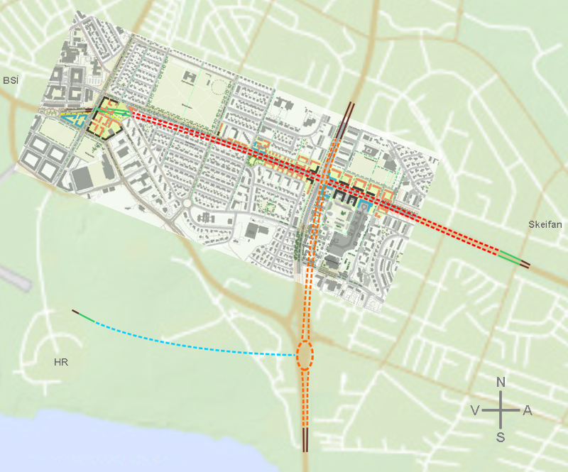 Miklubrautargöng, Kringlumýrargöng og Öskjuhlíðargöng. Útfærsla og frágangur lággangavegstokka gæti verið með ýmsu móti. Hér er gert ráð fyrir að byggt væri yfir stokkana við mót Miklubrautar og Snorrabrautar á líkan hátt og gert er ráð fyrir í frumdrögunum að Miklubrautarstokki, auk þess sem vegstokkar Miklubrautarganga að austanverðu myndu vera yfirbyggðir að miklu leyti, þá í raun huldir af gatnamótum Miklubrautar og Grensásvegar. Jafnt við þann enda Miklubrautarganga sem við báða enda Kringlumýrarganga myndu tvær sérakreinar Borgarlínu liggja á milli vegstokkanna. Vegstokkur Öskjuhlíðarganga myndi vera yfirbyggður og hulinn gróðri upp í hlíðina, ofan stíganna, en bláendi stokksins myndi opnast upp að vestanverðu, neðan við stíganna, þar sem nú er bílaplan HR, á svipuðum slóðum og aðalskipulag Reykjavíkur gerir ráð fyrir.