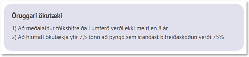 Hluti markmiða Umferðaröryggisáætlunar 2023-2027 samkv. drögum í samráðsgátt stjórnarráðsins. 8 ára meðalaldur fólksbifreiða felur í sér um tólf ára endingartíma til jafnaðar. 75% markmiðið felur í sér að um fjórðungur ökutækja í umferð væri vanbúinn með einum eða öðrum hætti, jafnvel að drjúgum hluta óhæfur til aksturs. SKJÁSKOT/ÚRKLIPPA: Samráðsgátt 2022, innviðaráðuneytið, kansellí samgangna