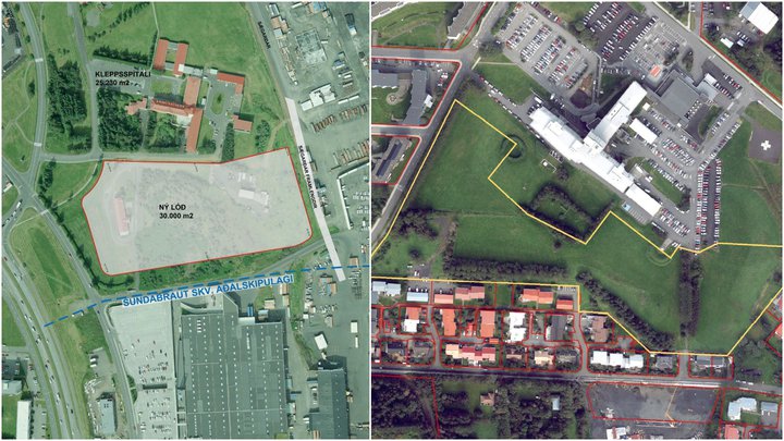Til vinstri sést lóðin á milli Kleppsspítala og Holtagarða, þar sem björgunarmiðstöð á að rísa. Til hægri er svo afmörkuð með gulum línum sú ríkislóð sunnan við Borgarspítalann sem borgin fær til eignar. Þar á að þróa íbúabyggð.