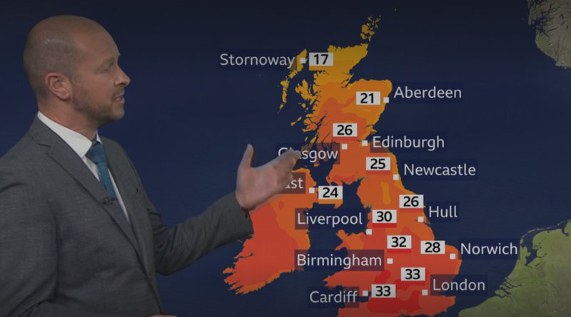 Veðurspáin fyrir Bretland á miðvikudaginn. Skjáskot/BBC