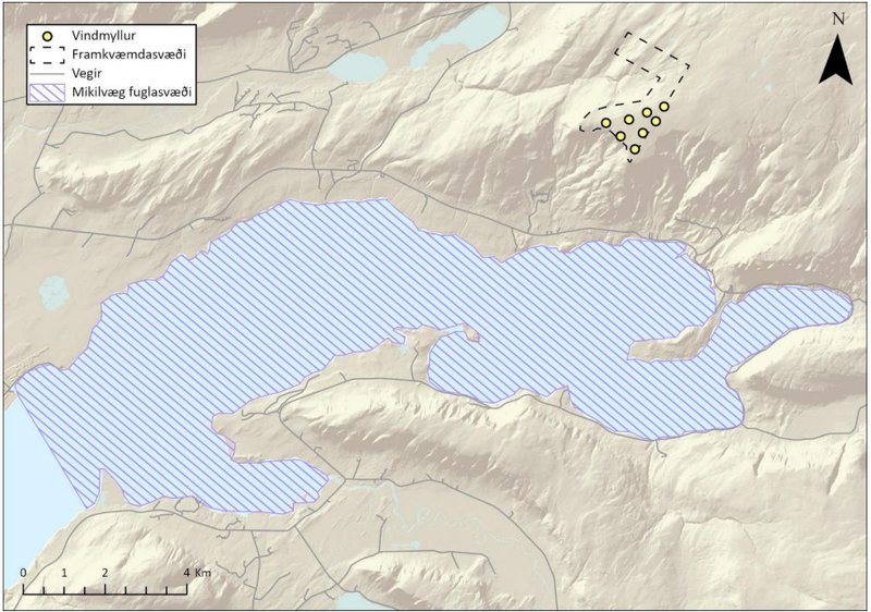 Hvalfjörður er skilgreindur sem mikilvægt fuglasvæði. Vindorkuverið er efst til hægri, sýnt með punktalínu og gulum punktum. Mynd: Úr matsáætlun
