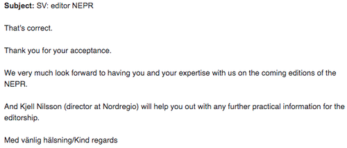 Skjáskot úr tölvubréfi starfsmanns Norrænu ráðherranefndarinnar til Þorvalds, 1. nóvember 2019.