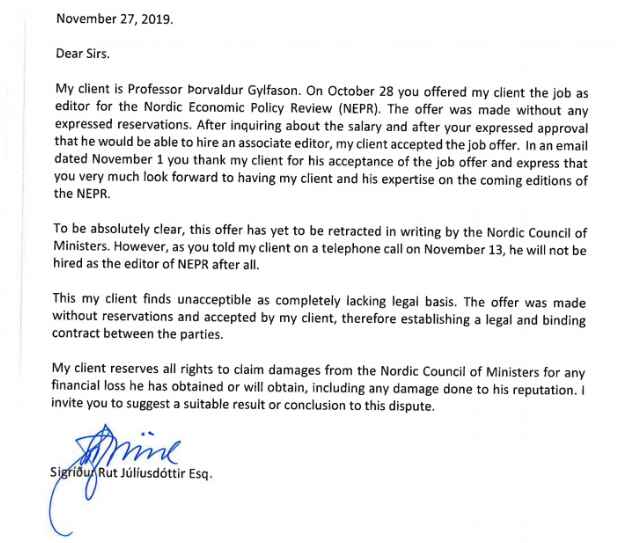 Bréf frá lögmanni Þorvalds til Norrænu ráðherranefndarinnar, dagsett 27. nóvember.