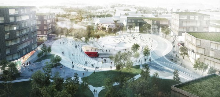 Vinningstillaga Henning Larsen arkitektastofunnar að því hvernig Vinge ætti að líta út. Veruleikinn í dag er allt annar.