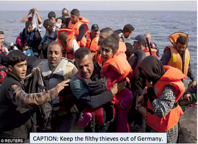 Þessi mynd er leyfð samkvæmt reglugerðum Facebook. Myndatextinn var „haldið skítugu þjófunum út úr Þýskalandi“. Myndin er leyfð vegna þess að það að kalla innflytjendur „skítuga“ er ekki það sama og að kalla þá „skít“.