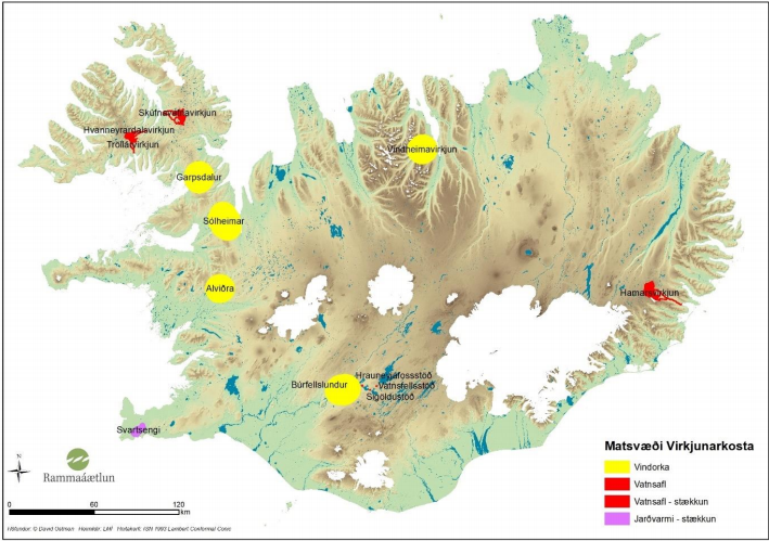 Yfirlitskort af matssvæðum einstakra virkjunarhugmynda sem metnar voru í fjórða áfanga.