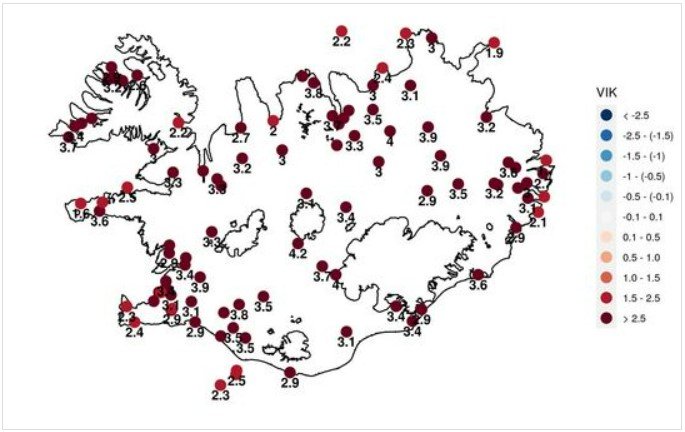 Rauð viðvörun! Rauði liturinn táknar að hiti á viðkomandi veðurstöð hafi verið hærri í nóvember en að meðaltali síðustu tíu árin á undan.