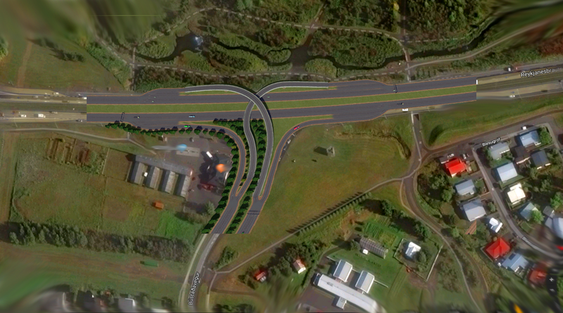 Mín hugmynd að lausn með lágmarks raski á grænu svæðunum. Myndin er tölvuteikning af mislægum T-gatnamótum sett yfir Google-loftmynd af svæðinu.