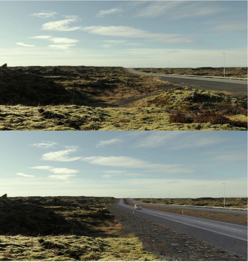 Ásýnd núverandi vegar (efri) og nýs vegar (neðri). Séð eftir Reykjanesbraut til vesturs yfir hraunbreiðu Hrútagjárdyngjuhrauns. Mynd: Úr frummatsskýrslu