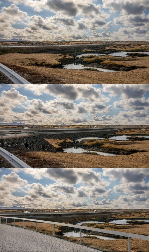 Ásýnd núverandi vegar og nýs vegar, valkostur 1a (miðja) og valkostur 1b (neðst). Séð frá vegamótum við álverið og yfir Straumstjarnirnar. Fjallið Keilir fyrir miðri mynd.