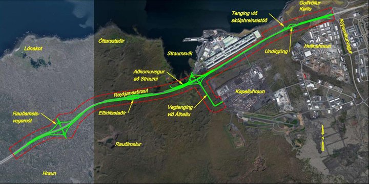 Yfirlitsmynd yfir Reykjanesbraut í Hafnarfirði. Á myndinni er einungis sýndur einn valkostur. Rauð punktalína afmarkar rannsóknarsvæðið.