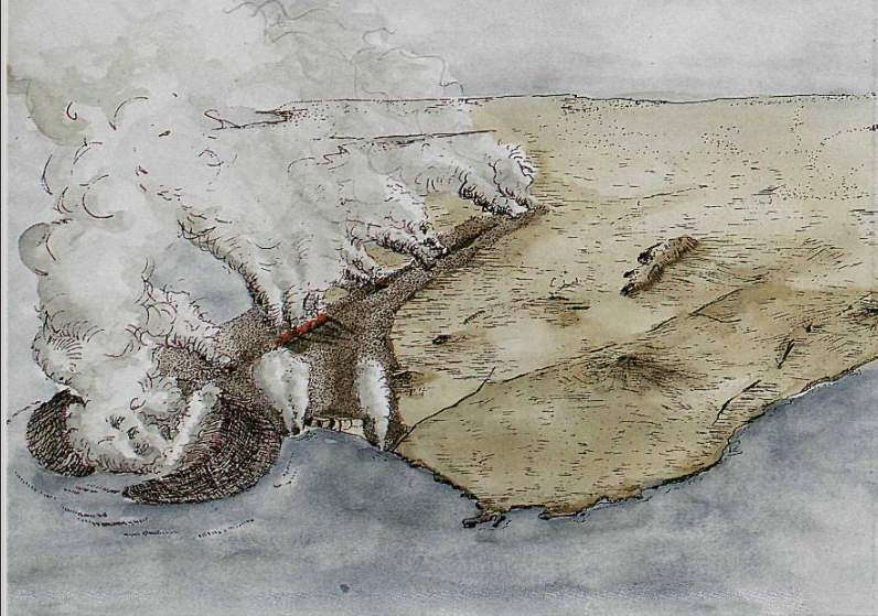 Þessi teikning eftir Ásberg H. Sigurgeirsson fylgir grein Magnúsar Á. Sigurgeirssonar í Náttúrufræðingnum. Um hugsýn Magnúsar af Reykjaneseldum er að ræða, segir við myndina.