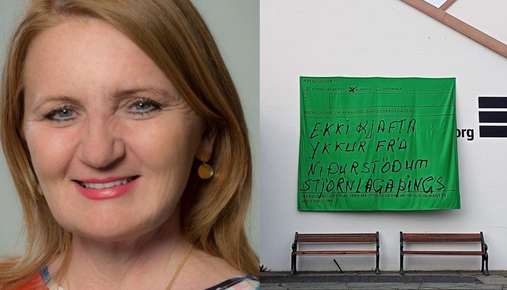 Rósa Guðbjartsdóttir, bæjarstjóri Hafnarfjarðar, og verk Libiu og Ólafs áður en það var tekið niður af gafli Hafnarborgar.