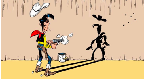 Morris lék sér gjarnan með skuggamyndir. Þessi er sennilega sú frægasta sem sýnir Lukka Láka vera sneggri en sjálfur skugginn.